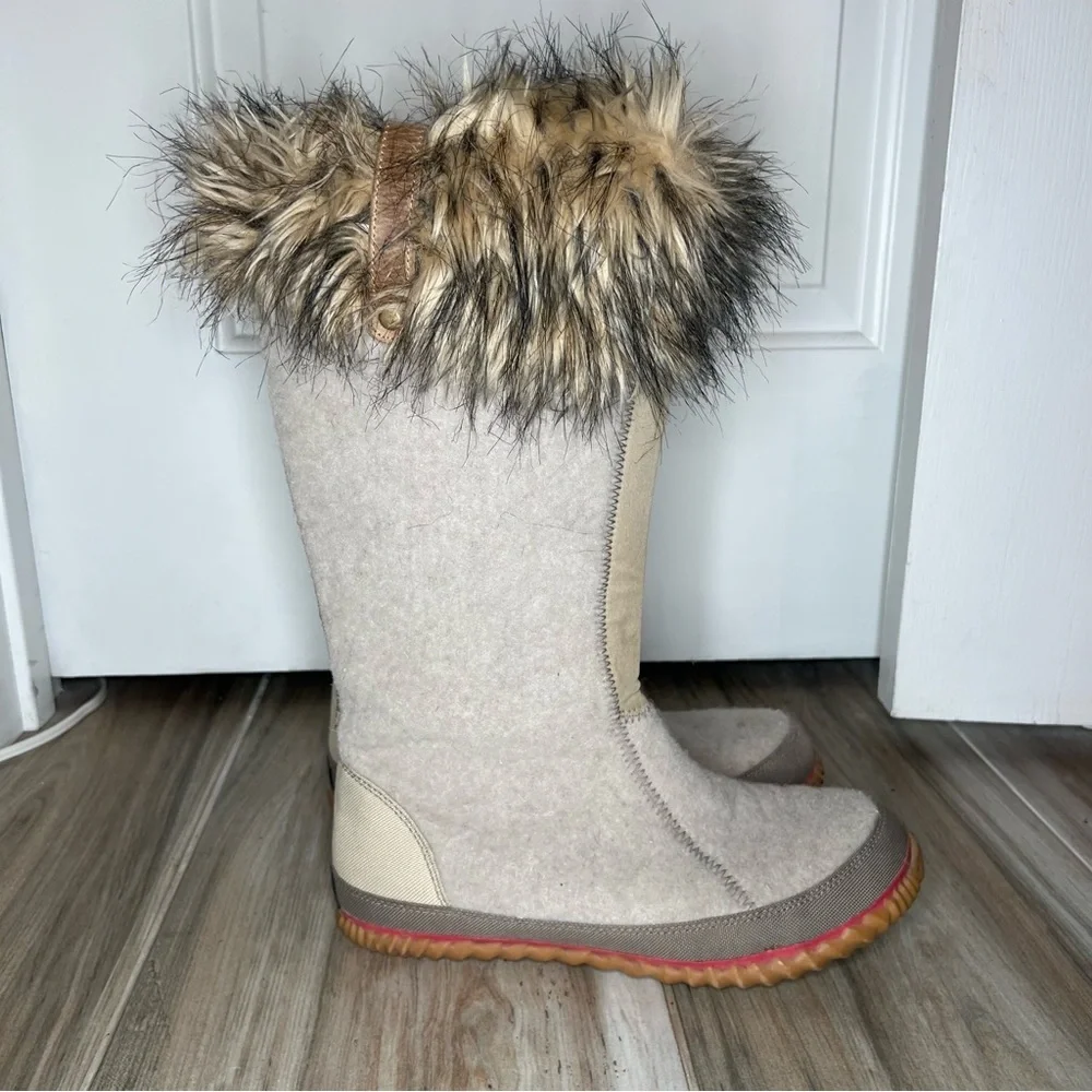Sorel Cozy Joan Tall Felt Boots Faux Fur Top Womens Sz 10 Beige Tan Brown